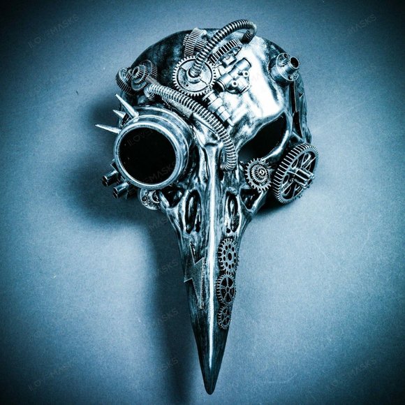 Silver Raven Skull Nose Steampunk Halloween Mask - Picture 2 of 10